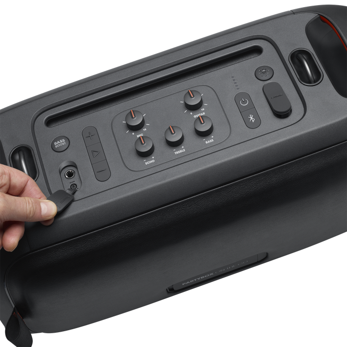 JBL PartyBox On-The-Go - Black - Portable party speaker with built-in lights and wireless mic - Detailshot 2 image number null